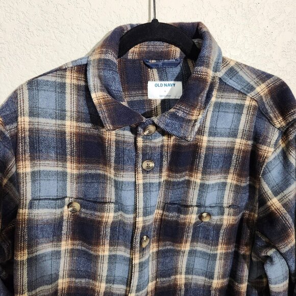 Old Navy Jacket Mens Large Blue Brown Plaid Flannel Shacket Button Shirt Jacket - Picture 1 of 15